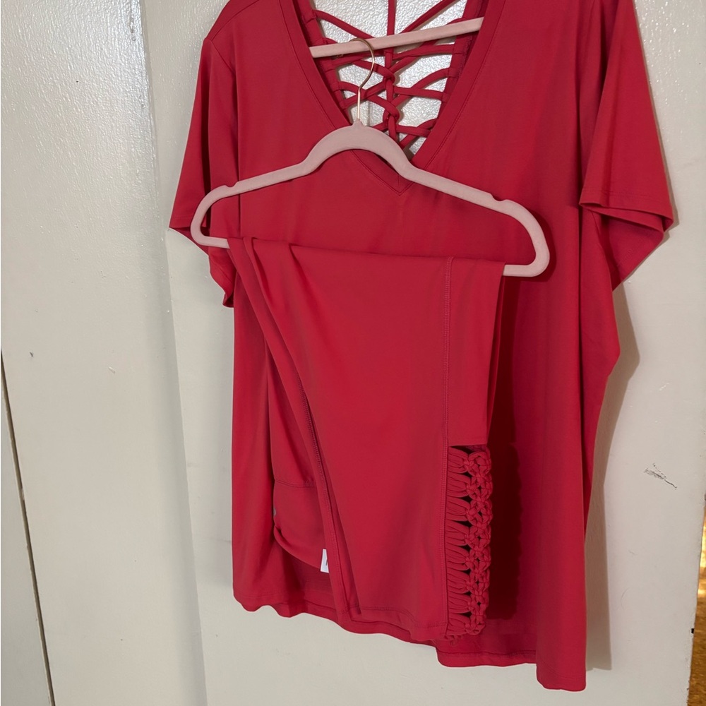 Salmon colored Lace-Up Back Top and Capri Leggings Set